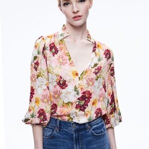 NEW! Alice + Olivia Reilly Mandarin Collar Blouse Juniper Floral Pink XS $375